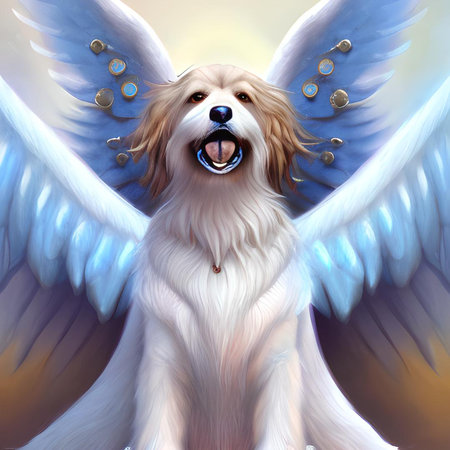 Angel dog with blue wings and golden coins on a white background.の素材