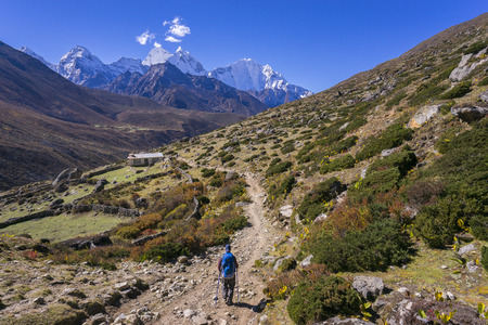 Unidentified Hiker in EBC trekking route. Hiking in Himalaa mountains area. Pheriche Village.のeditorial素材