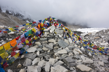 view from Everest base camp with rows of buddhist prayer flags. 2016.のeditorial素材