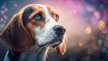 Beagle dog portrait on bokeh background with copy space.の素材