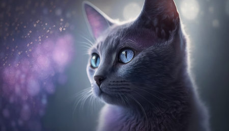 Russian Blue Cat Medium Shot White Pink Blue Magical Fantasy Bokehの素材