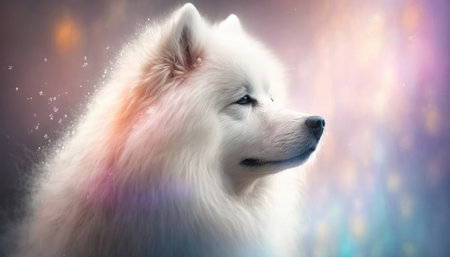 Samoyed Dog Medium Shot White Pink Blue Magical Fantasy Bokehの素材