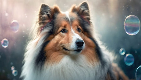 Shetland Sheepdog Dog Medium Shot White Pink Blue Magical Fantasy Bokehの素材