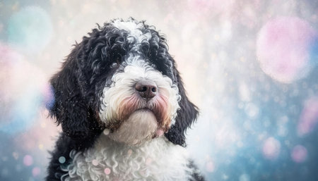 Portuguese Water Dog Dog Medium Shot White Pink Blue Magical Fantasy Bokehの素材