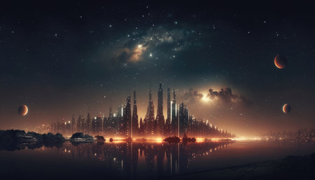 Muted Cityscape Under Starry Skies Desktop Wallpaperの素材