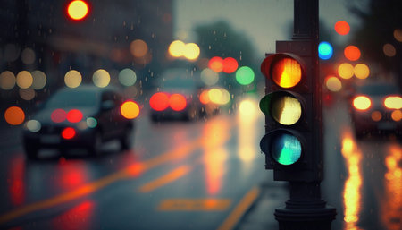 Traffic Lights Blur Through Rainy Streets Desktop Wallpaperの素材