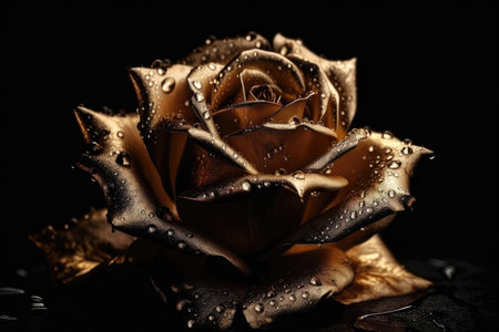 Beautiful gold rose with water drops on black background, closeupの素材