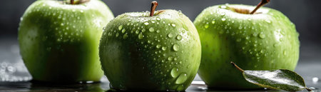 Green Granny Smith Apples Metallic Droplets Standing Black Matte Background With Steam Panoramic Bannerの素材