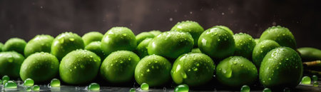 Green Peas Metallic Droplets Standing Black Matte Background With Steam Panoramic Bannerの素材