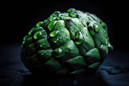 Green Sugar Apple Metallic Drops On Black Backgroundの素材