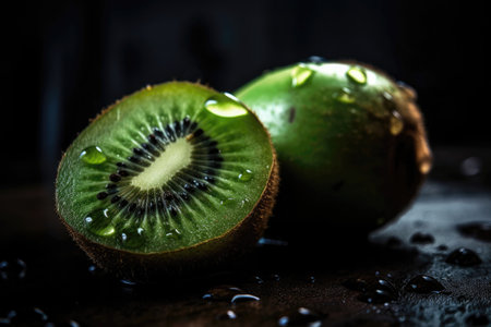 Green Kiwi Metallic Drops On Black Backgroundの素材
