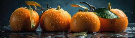 Orange Tangerines With Droplets Standing On A Gray Matte Background Panoramic Bannerの素材