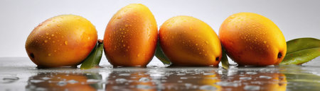 Orange Mangoes With Droplets Standing On A White Matte Background Panoramic Bannerの素材