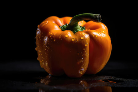 Orange Bell Pepper With Drops On Black Backgroundの素材
