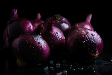 Red Onion With Drops On Black Backgroundの素材