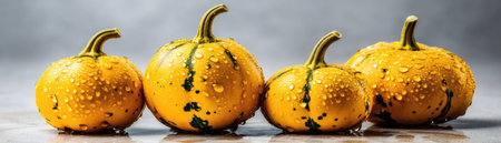 Yellow Squashes With Droplets Standing On A White Matte Background Panoramic Bannerの素材