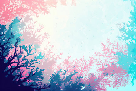 Ocean Blue Light Pink Background Silhouettes Leafy Branches Postcardの素材