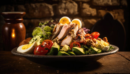 Cobb Salad On Stone, Blurred Background, Rustic Pubの素材