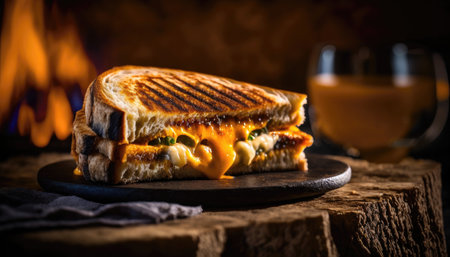 Grilled Cheese Sandwich On Stone, Blurred Background, Rustic Pubの素材