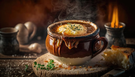 French Onion Soup On Stone, Blurred Background, Rustic Pubの素材