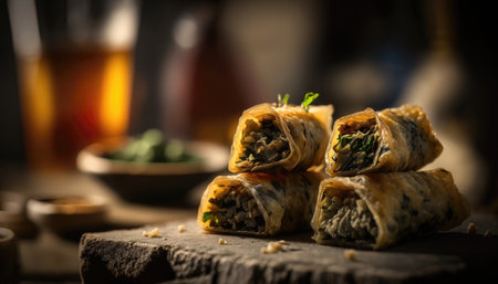 Spring Rolls On Stone, Blurred Background, Rustic Pubの素材