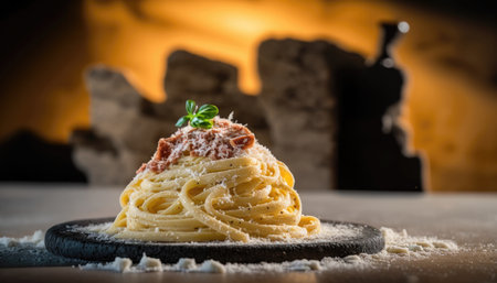 Spaghetti Carbonara On Stone, Blurred Background, Rustic Pubの素材