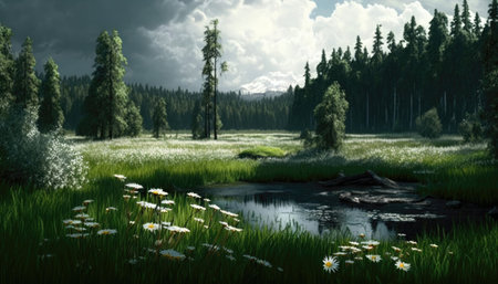 Landscape with wildflowers in the meadow. 3d renderingの素材