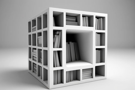 3d illustration of bookshelves in white background, digitally generated imageの素材
