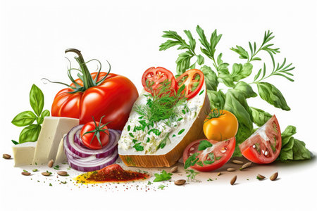 Healthy food ingredients. Tomato, cheese, basil, onion, parsley and spices.の素材