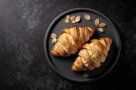 Almond Croissants On Black Matte Plateの素材
