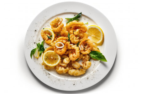 Fried Calamari On Plate, White Backgroundの素材