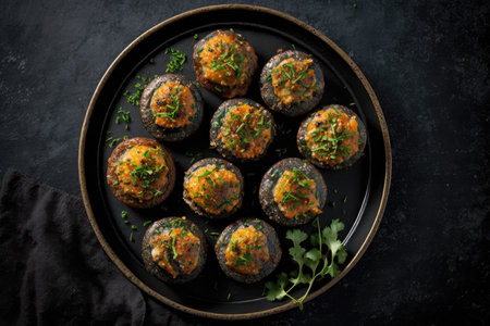 Keto Stuffed Mushrooms On Black Matte Plateの素材