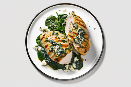 Keto Spinach And Feta Stuffed Chicken On Plate, White Backgroundの素材