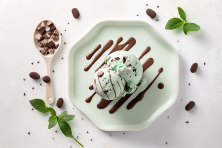 Mint Chocolate Chip Ice Cream On Plate, White Backgroundの素材