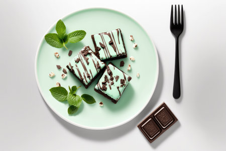 Mint Brownies On Plate, White Backgroundの素材