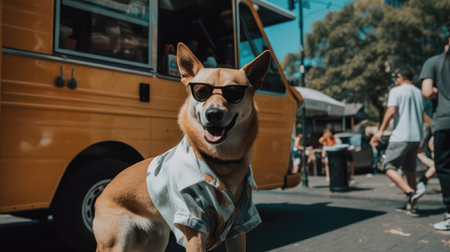 A Dog With Sunglasses Going To A Food Truck Festivalの素材