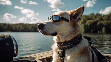 A Dog With Sunglasses Fishing At A Lakeの素材