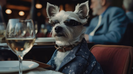 A Dog With Sunglasses Dining At A Fancy Restaurantの素材