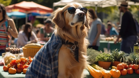 A Dog With Sunglasses Attending A Farmers Marketの素材