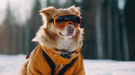 A Dog With Sunglasses Skiing Or Snowboarding In The Winterの素材