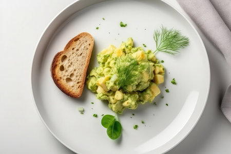 Avocado Egg Salad On White Plate, White Background, Top Viewの素材