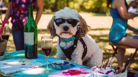 A Dog With Sunglasses Participating In A Wine And Painting Eventの素材