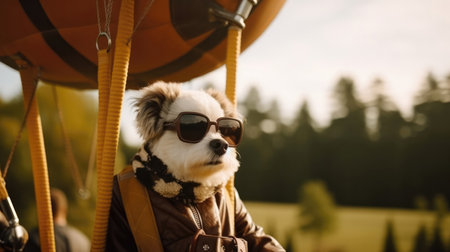 A Dog With Sunglasses Taking A Hot Air Balloon Rideの素材