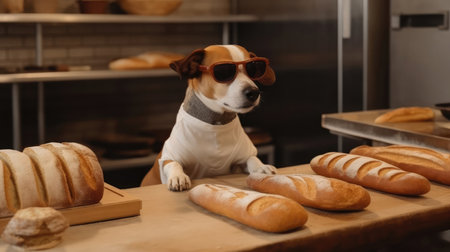 A Dog With Sunglasses Taking A Bread Making Classの素材