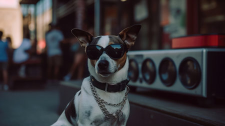 A Dog With Sunglasses Going To A Karaoke Barの素材