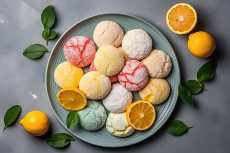 Top View, Colorful Round Plate On White Background With Lemon Ricotta Cookiesの素材