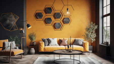 Living Living Room With Full Wall Geometric Bee Interior Designの素材