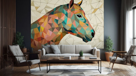 Living Living Room With Full Wall Geometric Horse Interior Designの素材