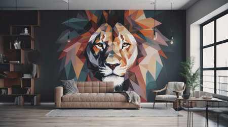 Living Living Room With Full Wall Geometric Lion Interior Designの素材