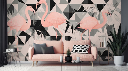 Living Living Room With Full Wall Geometric Flamingo Interior Designの素材